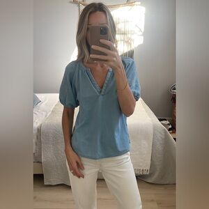 Beach Lunch Lounge Light Blue 100% cotton V-Neck Cottagecore Blouse